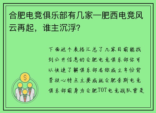 合肥电竞俱乐部有几家—肥西电竞风云再起，谁主沉浮？